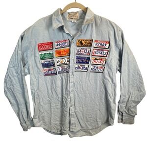 90s Blue Cotton Button Up Shirt License Plate Patches Road Trip Shirt